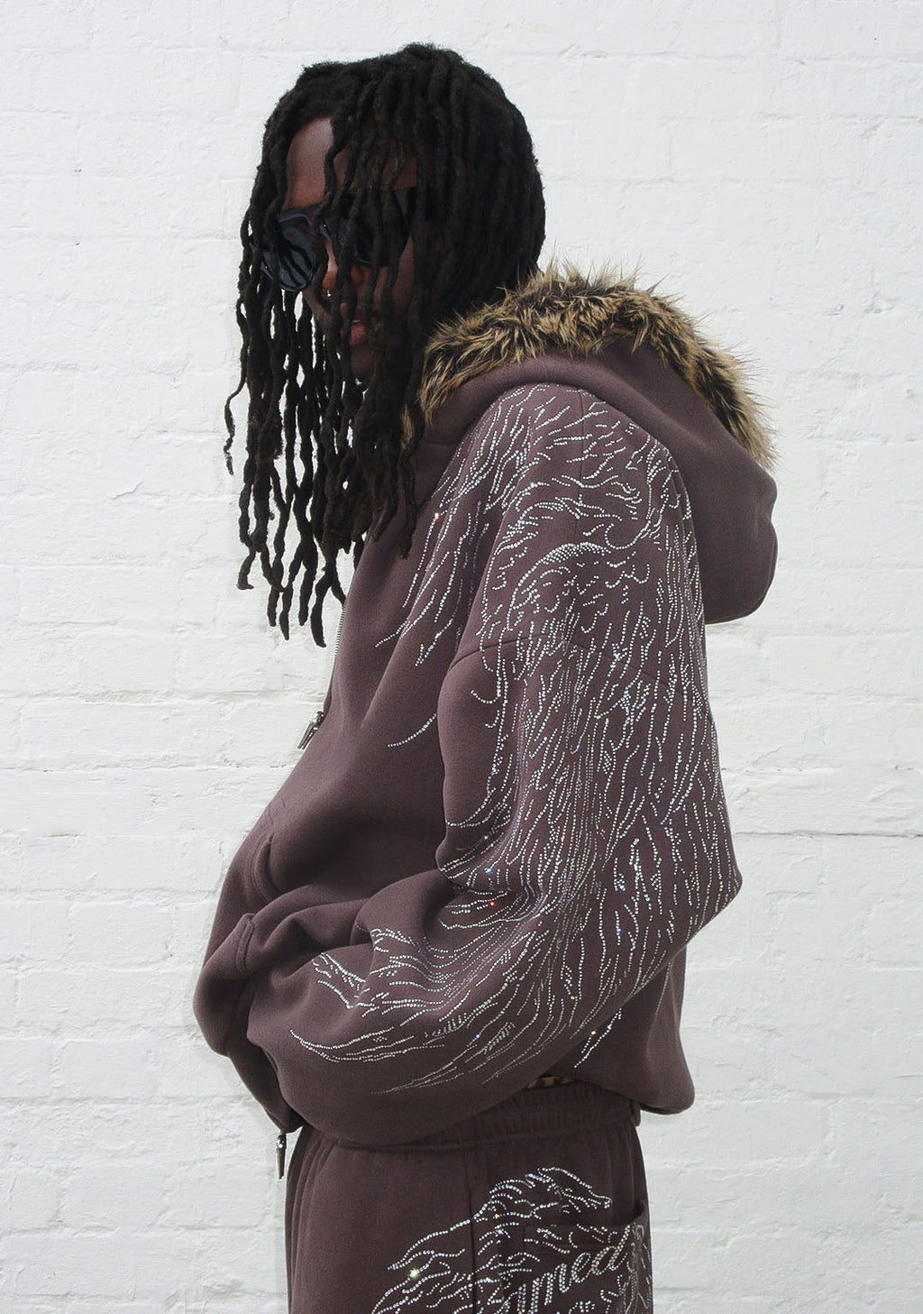 FALLEN FAUX FUR RHINESTONE ZIP HOODIE BROWN (DETACHABLE FUR)