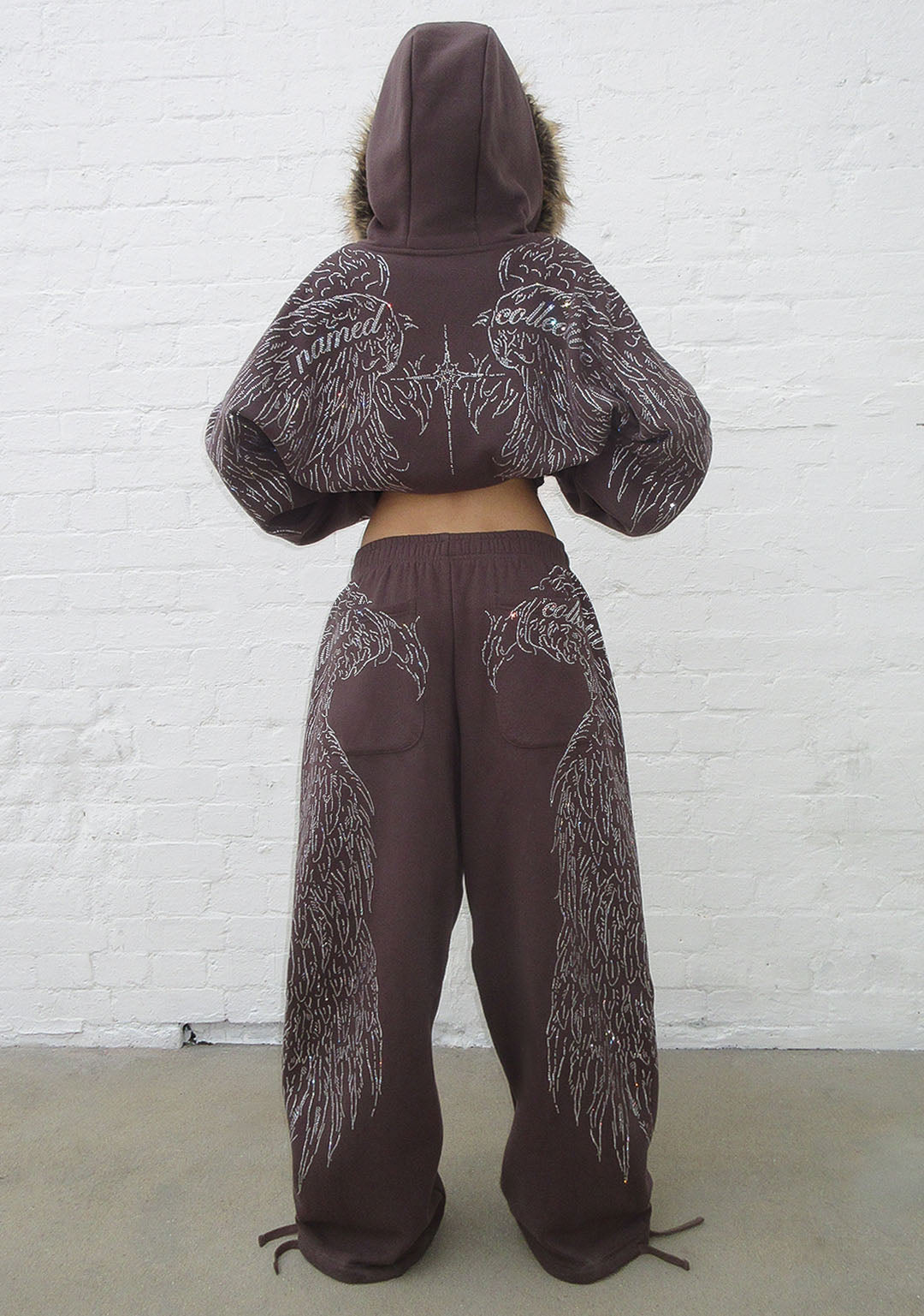 FALLEN FAUX FUR RHINESTONE ZIP HOODIE BROWN (DETACHABLE FUR)