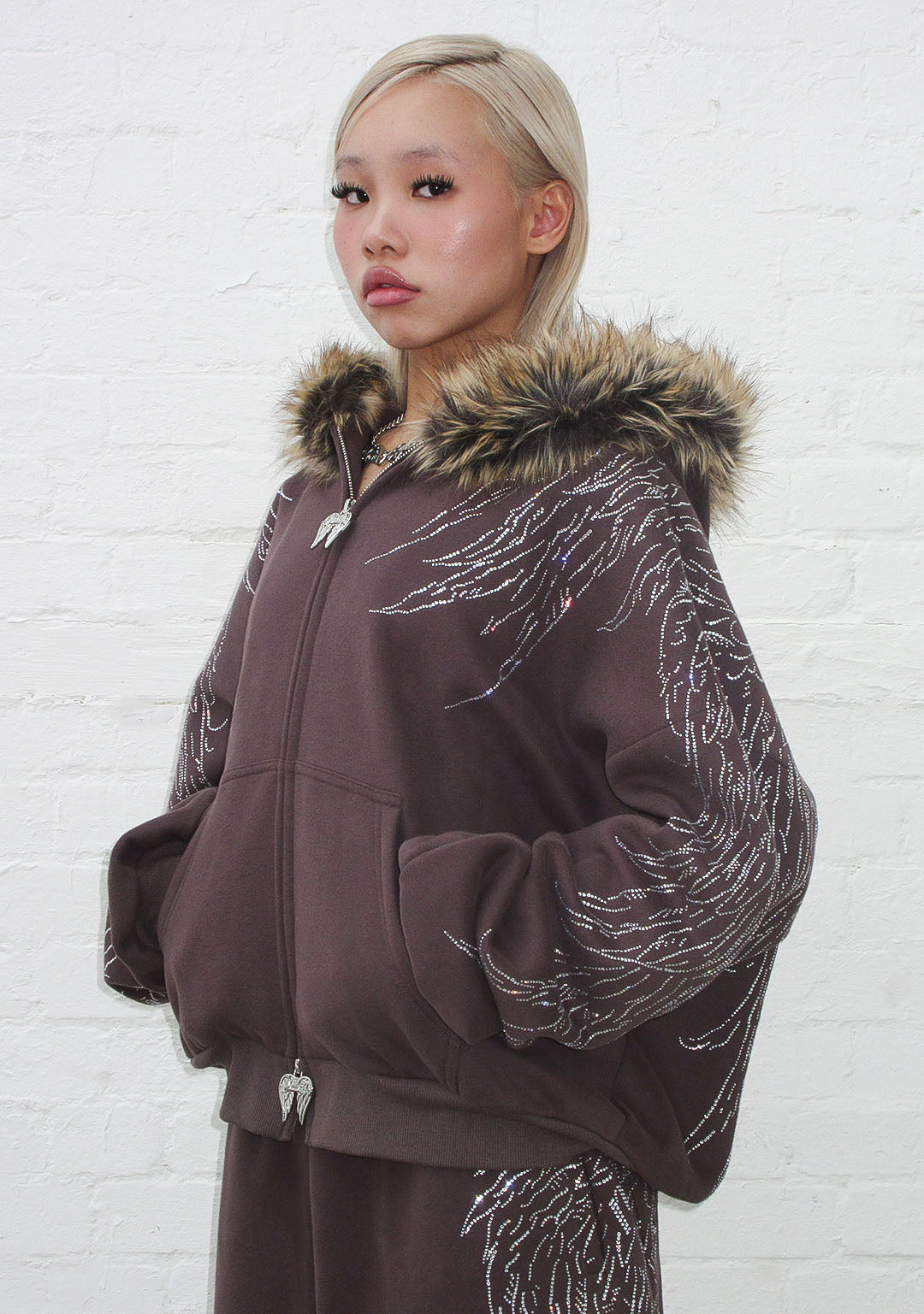 FALLEN FAUX FUR RHINESTONE ZIP HOODIE BROWN (DETACHABLE FUR)