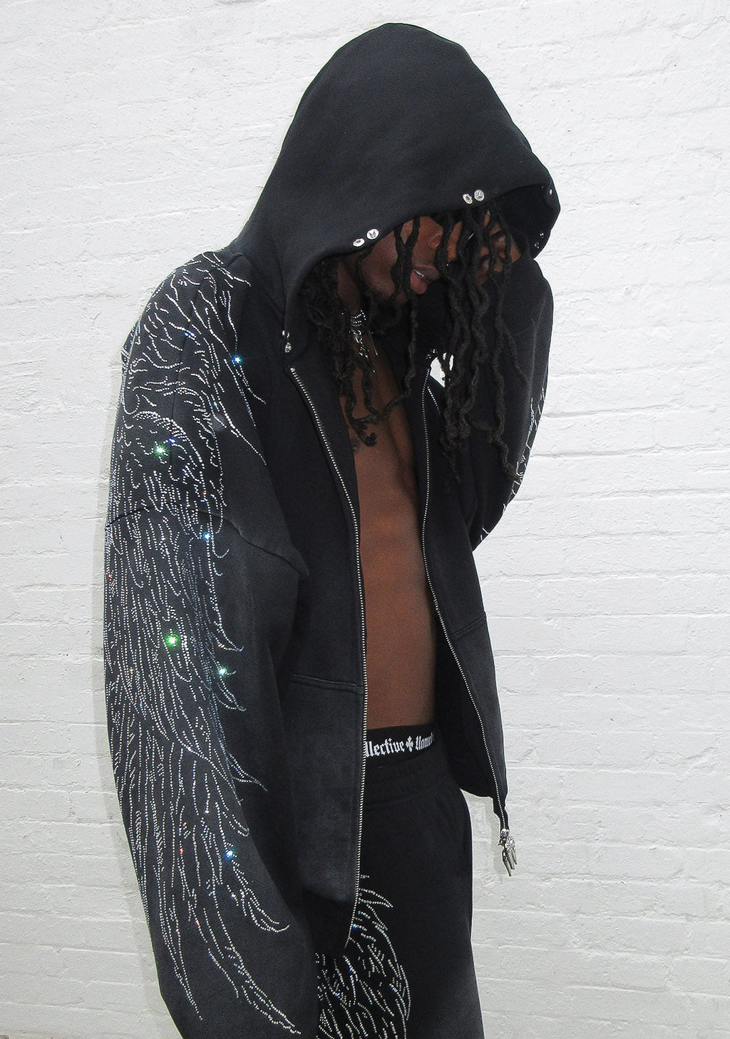 FALLEN FAUX FUR RHINESTONE ZIP HOODIE WASHED BLACK (DETACHABLE FUR)