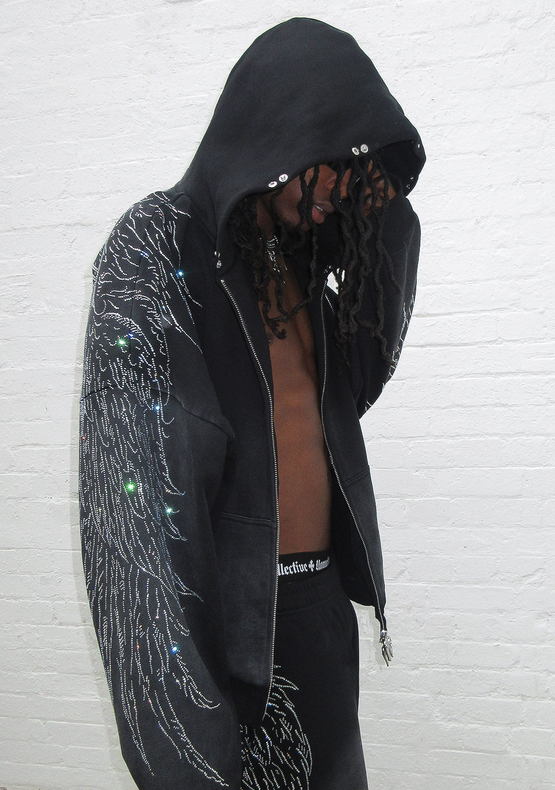 FALLEN FAUX FUR RHINESTONE ZIP HOODIE WASHED BLACK (DETACHABLE FUR)