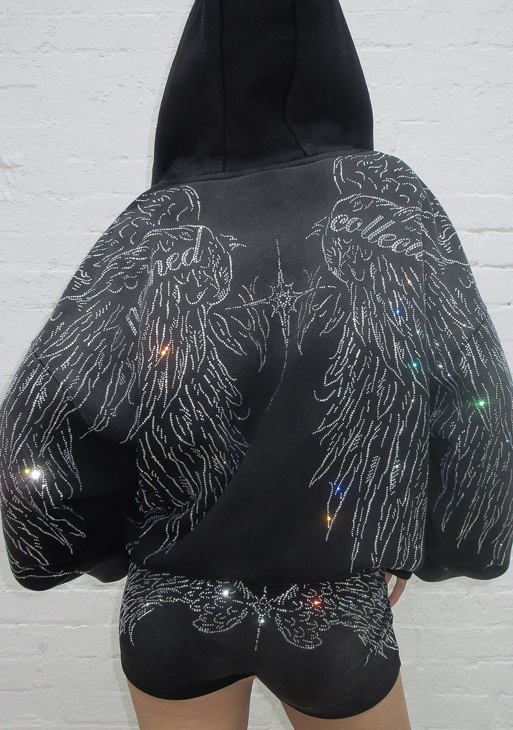FALLEN FAUX FUR RHINESTONE ZIP HOODIE WASHED BLACK (DETACHABLE FUR)