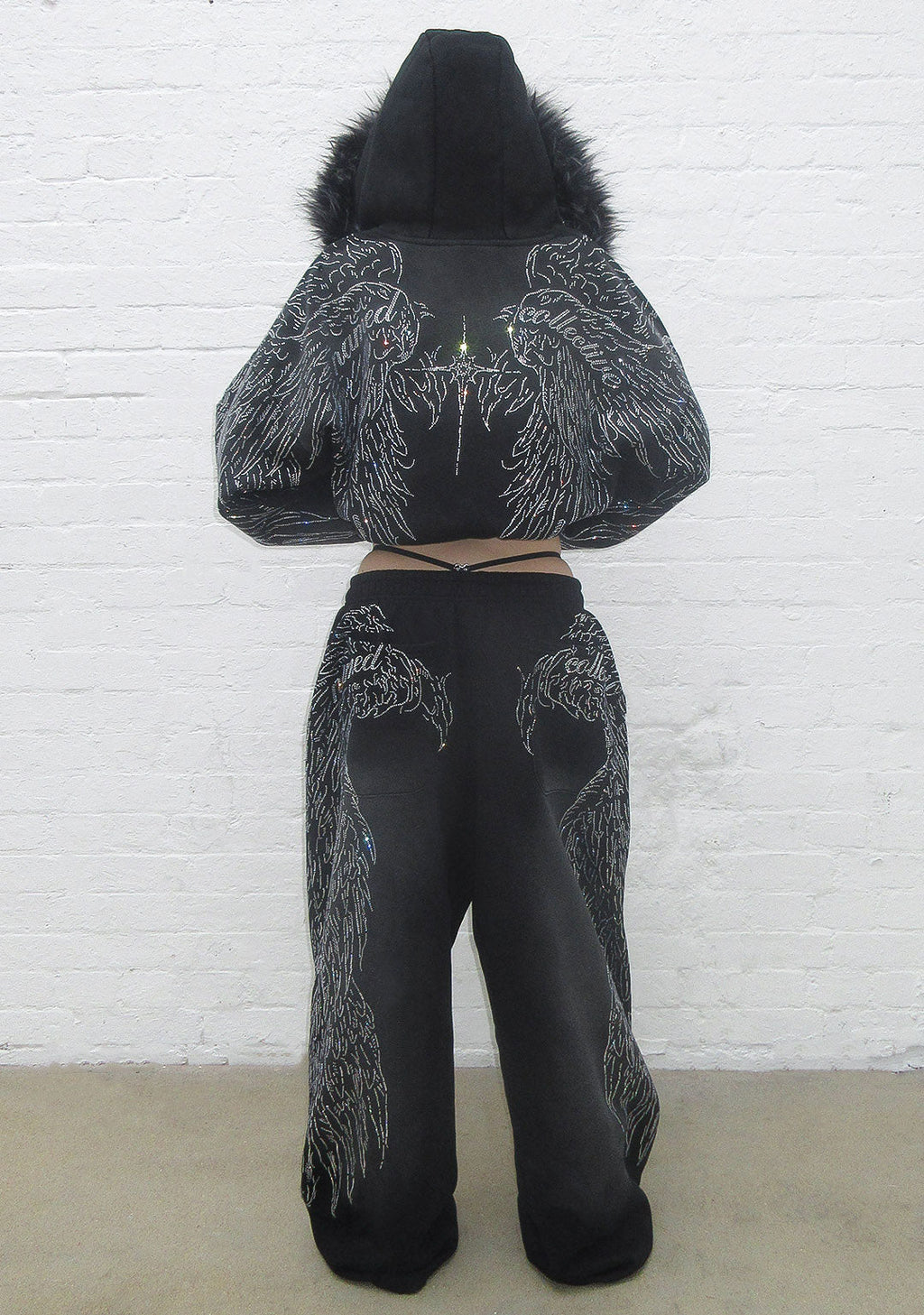 FALLEN FAUX FUR RHINESTONE ZIP HOODIE WASHED BLACK (DETACHABLE FUR)