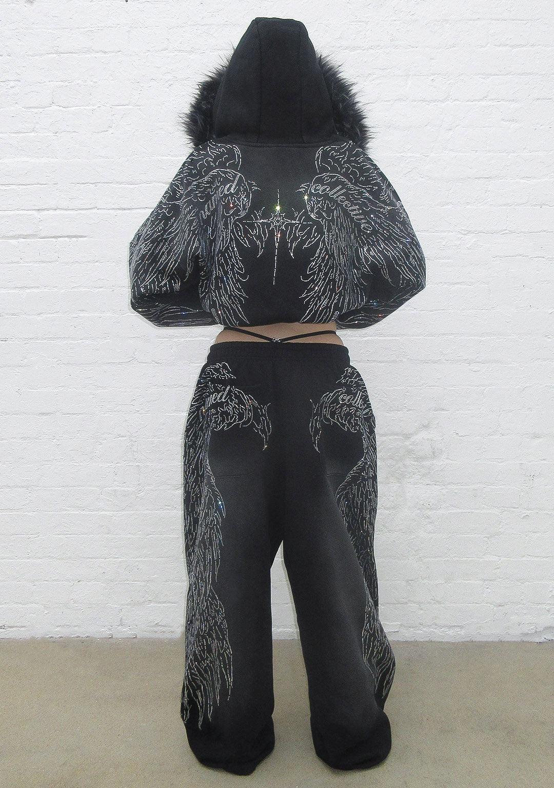 FALLEN FAUX FUR RHINESTONE ZIP HOODIE WASHED BLACK (DETACHABLE FUR)