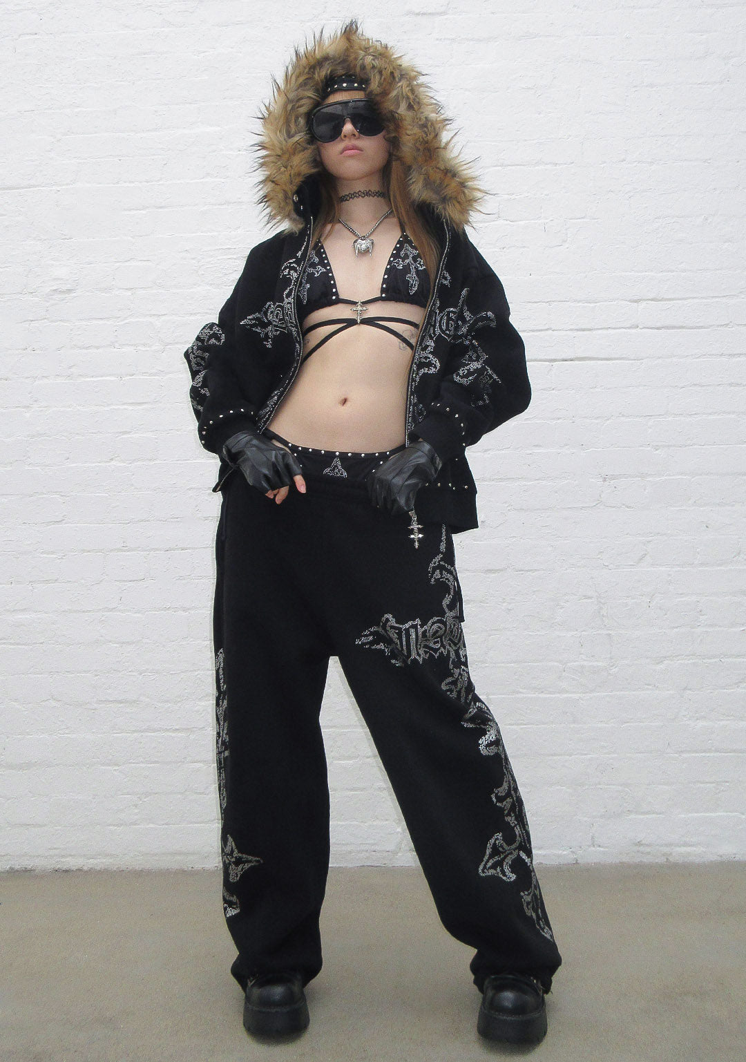 FERAL FAUX FUR STUDDED ZIP HOODIE BLACK (DETACHABLE FUR)
