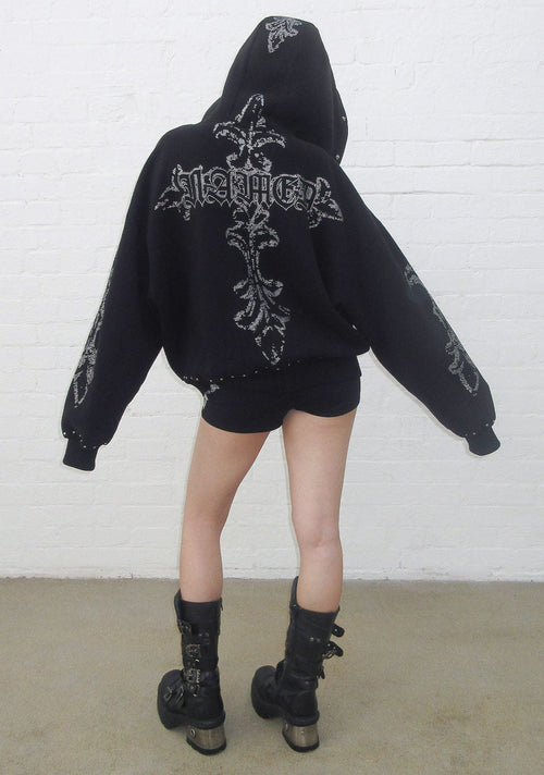 FERAL FAUX FUR STUDDED ZIP HOODIE BLACK (DETACHABLE FUR)