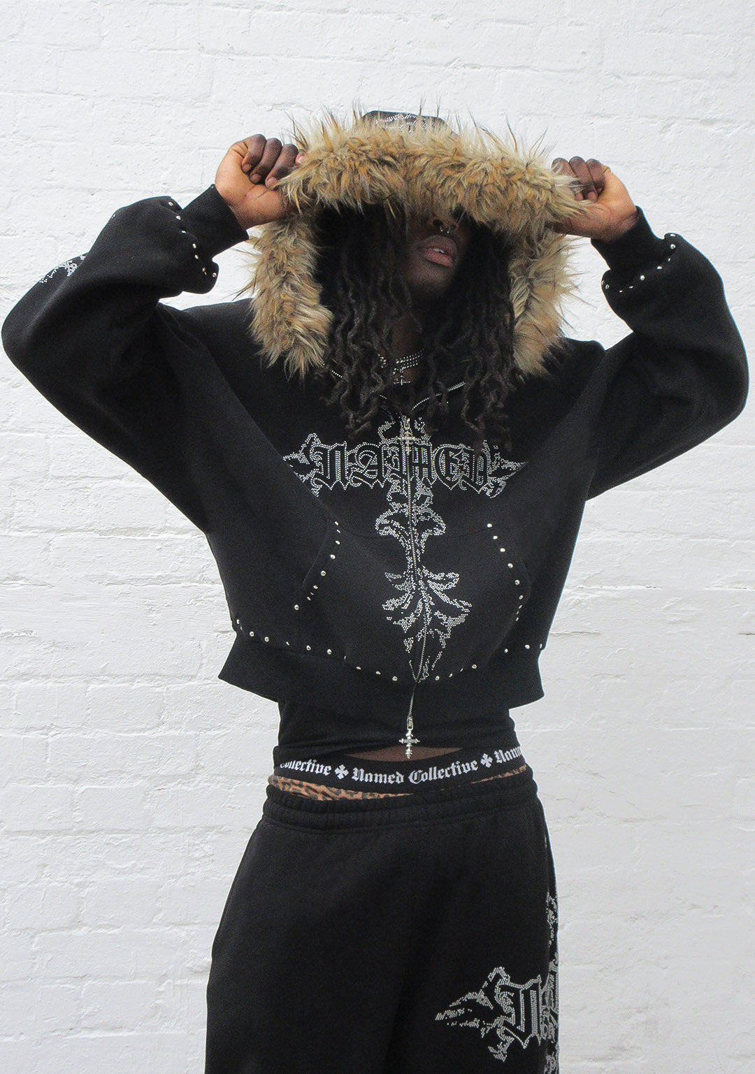 FERAL FAUX FUR STUDDED ZIP HOODIE BLACK (DETACHABLE FUR)