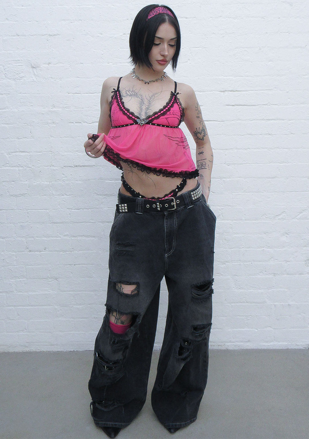 FLIRT RHINESTONE SHEER MESH CAMI TOP HOT PINK