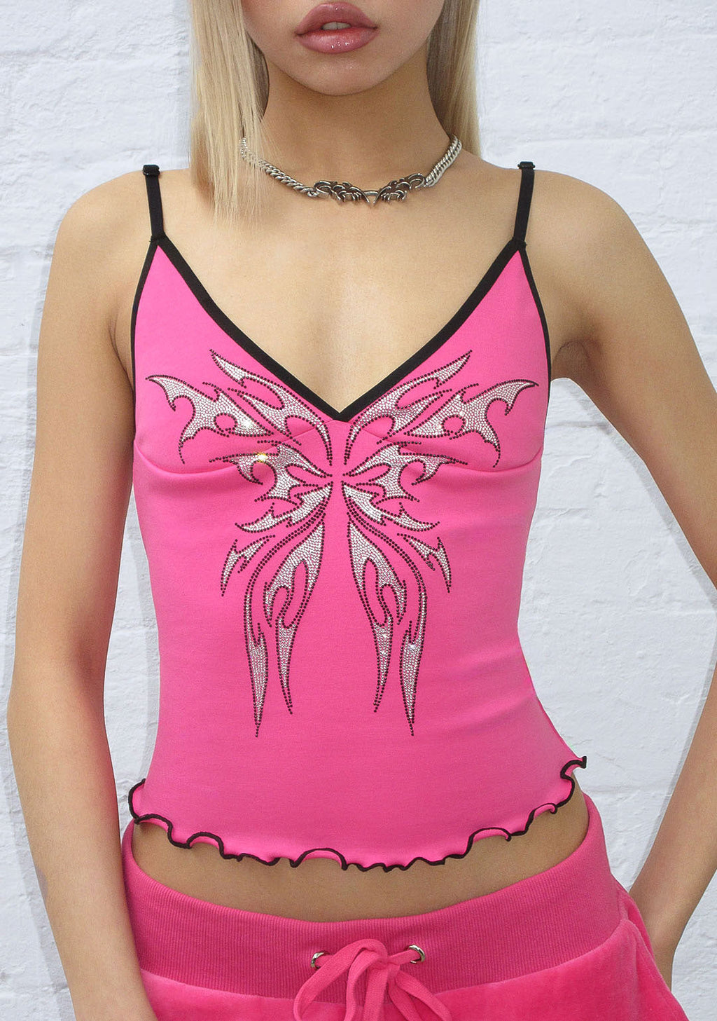 IDOL RHINESTONE FITTED CAMI TOP HOT PINK