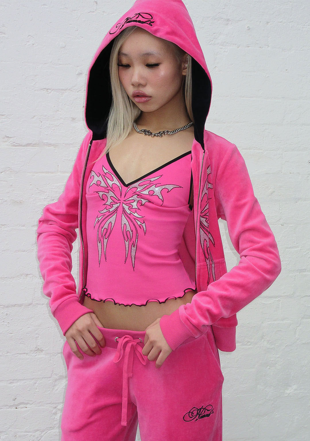 IDOL RHINESTONE FITTED CAMI TOP HOT PINK