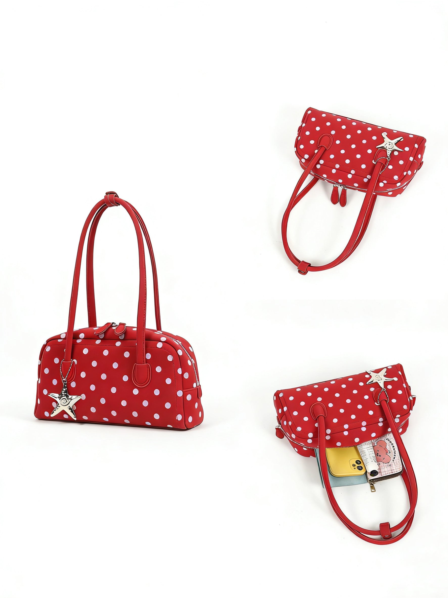Girly Polka Dots Bag Handbags Shoulder Bag Top Handle Satchel Tote Bag with Starfish Charm