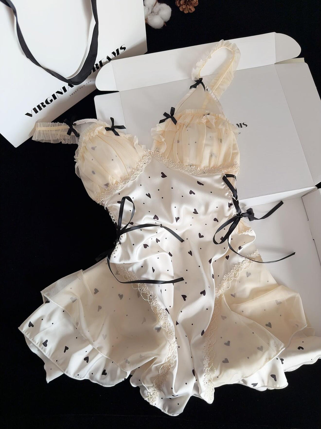 Girly Black Heart Print Lace Trim Double Layer Gauze Silk Nightgown for Women Satin Slip Dress Nightdress