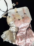 Girly Black Heart Print Lace Trim Double Layer Gauze Silk Nightgown for Women Satin Slip Dress Nightdress
