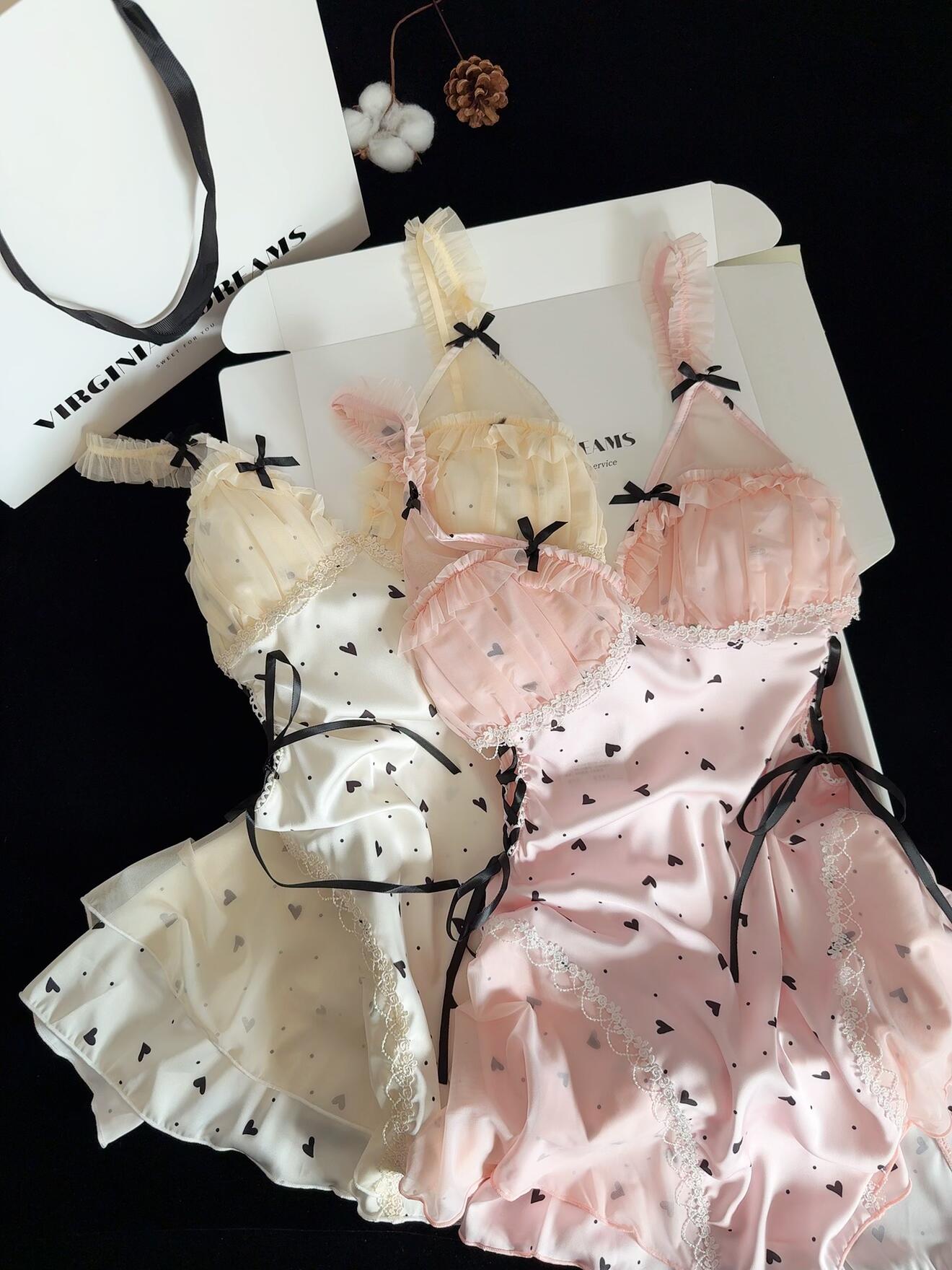 Girly Black Heart Print Lace Trim Double Layer Gauze Silk Nightgown for Women Satin Slip Dress Nightdress