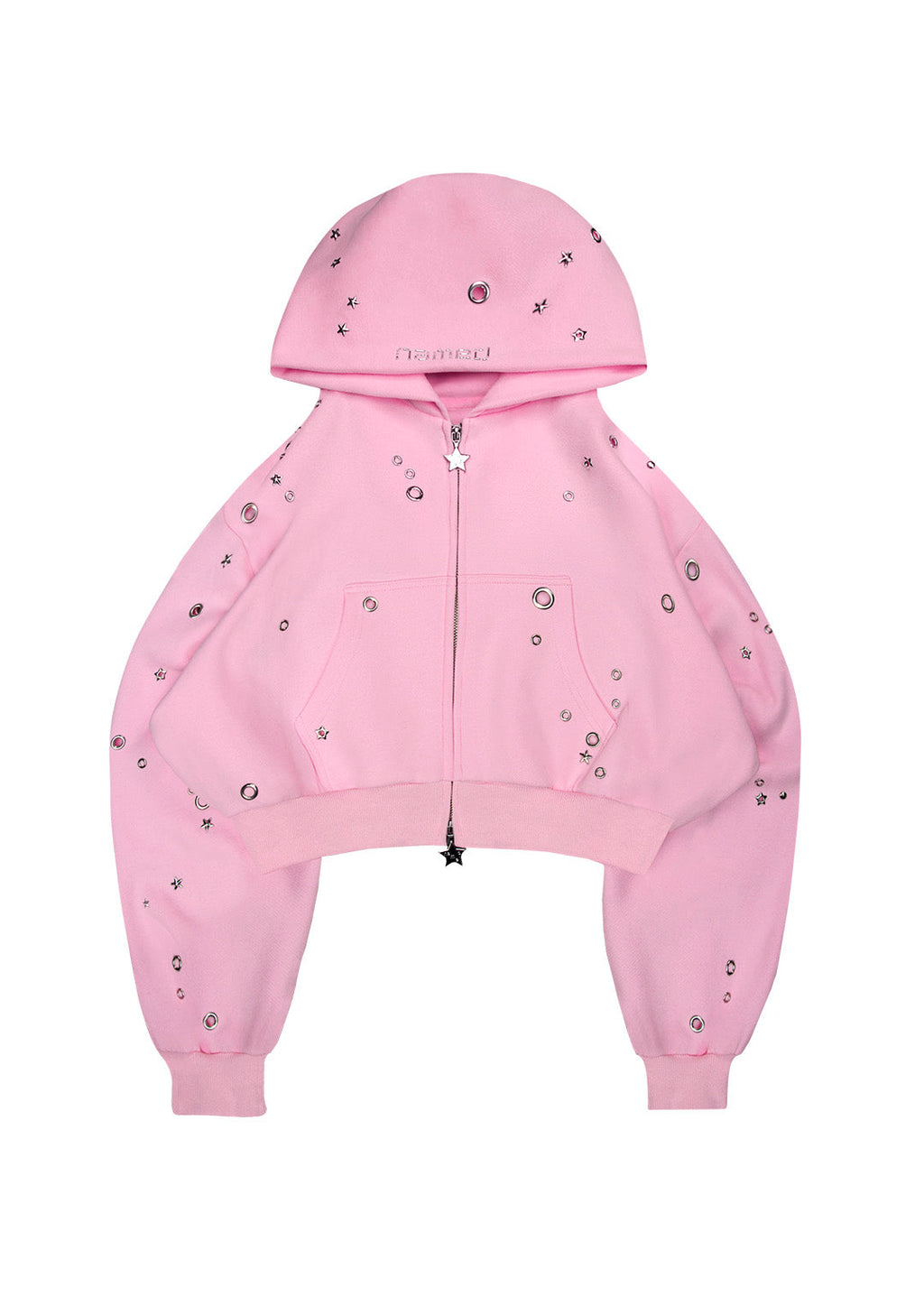 GLITCH EYELET CROP ZIP HOODIE BABY PINK