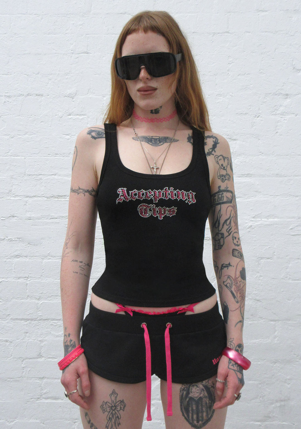 ACCEPTING TIPS RHINESTONE MICRO RACER SHORTS BLACK