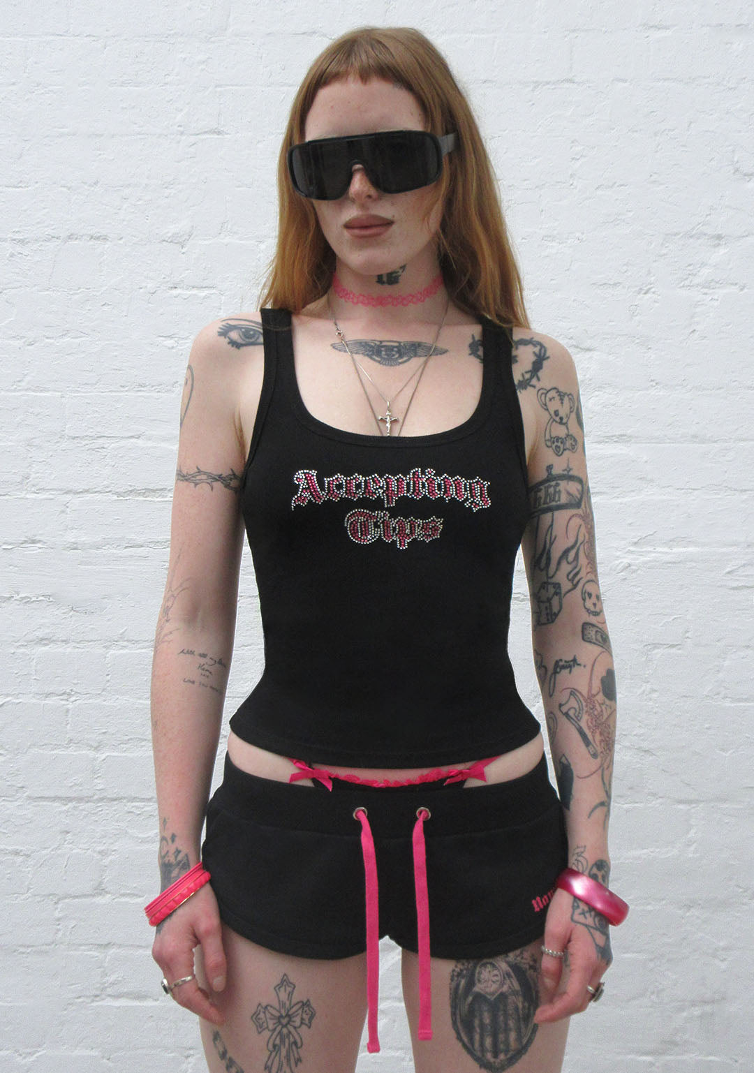 ACCEPTING TIPS RHINESTONE MICRO RACER SHORTS BLACK