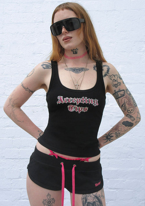 ACCEPTING TIPS RHINESTONE TANK TOP BLACK