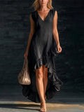 Sleeveless V-Neck Ruffle Hem Maxi Dress – Women's Cotton Linen