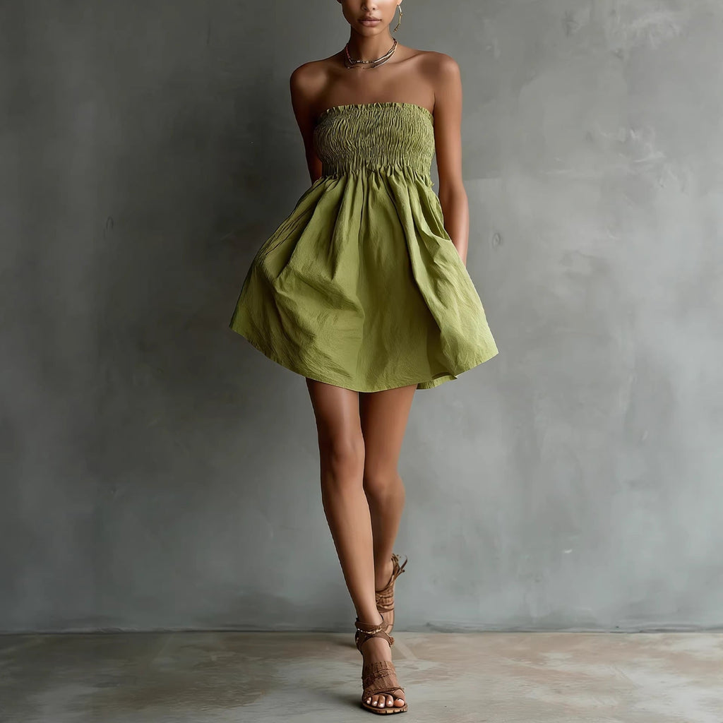 Women's Strapless Tube Mini Dress – Solid Color Elastic Waist