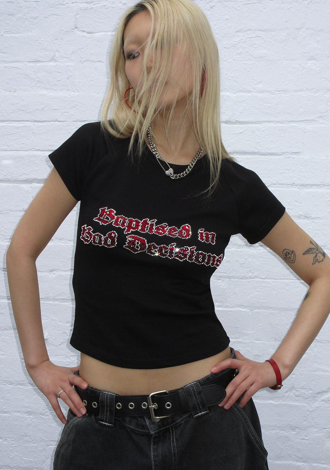 BAD DECISIONS RHINESTONE BABY TEE BLACK