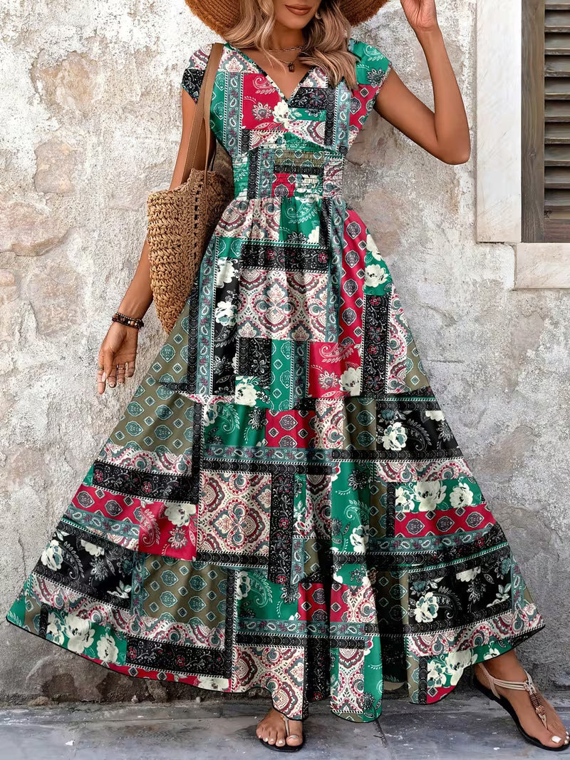 Women's V-Neck Floral Print A-Line Midi Dress – High Waist Sleeveless