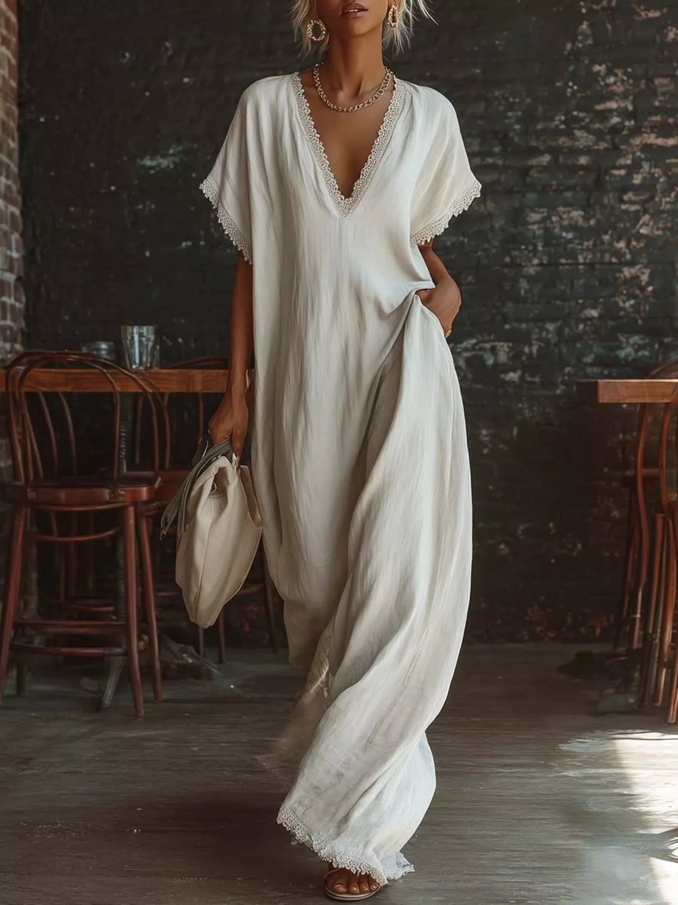 Full Size Lace Trim V-Neck Maxi Dress Plus Size