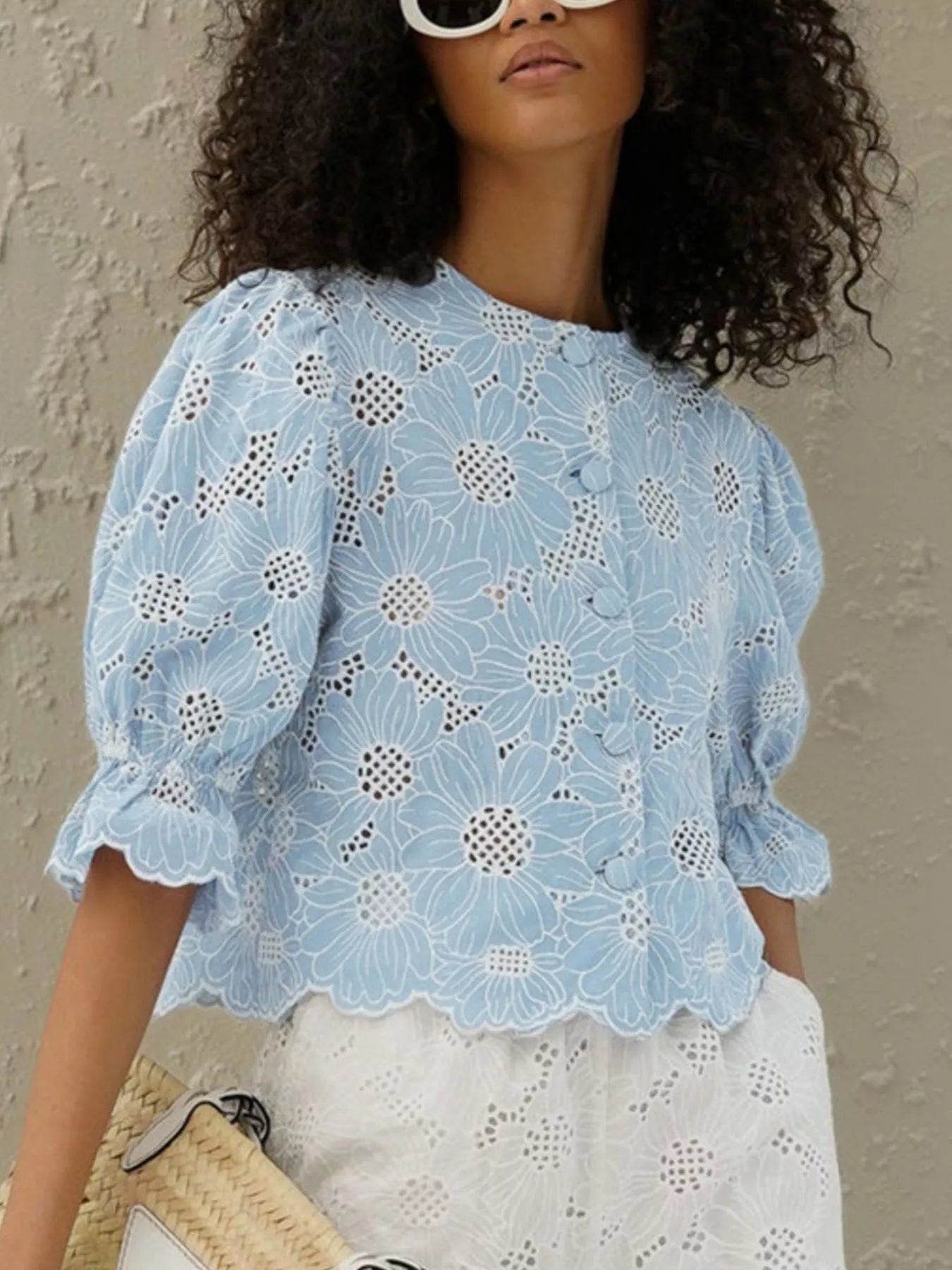 Embroidered Flounce Sleeve Blouse