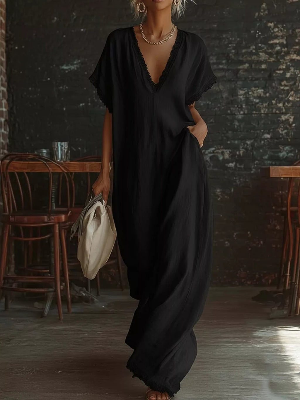 Full Size Lace Trim V-Neck Maxi Dress Plus Size