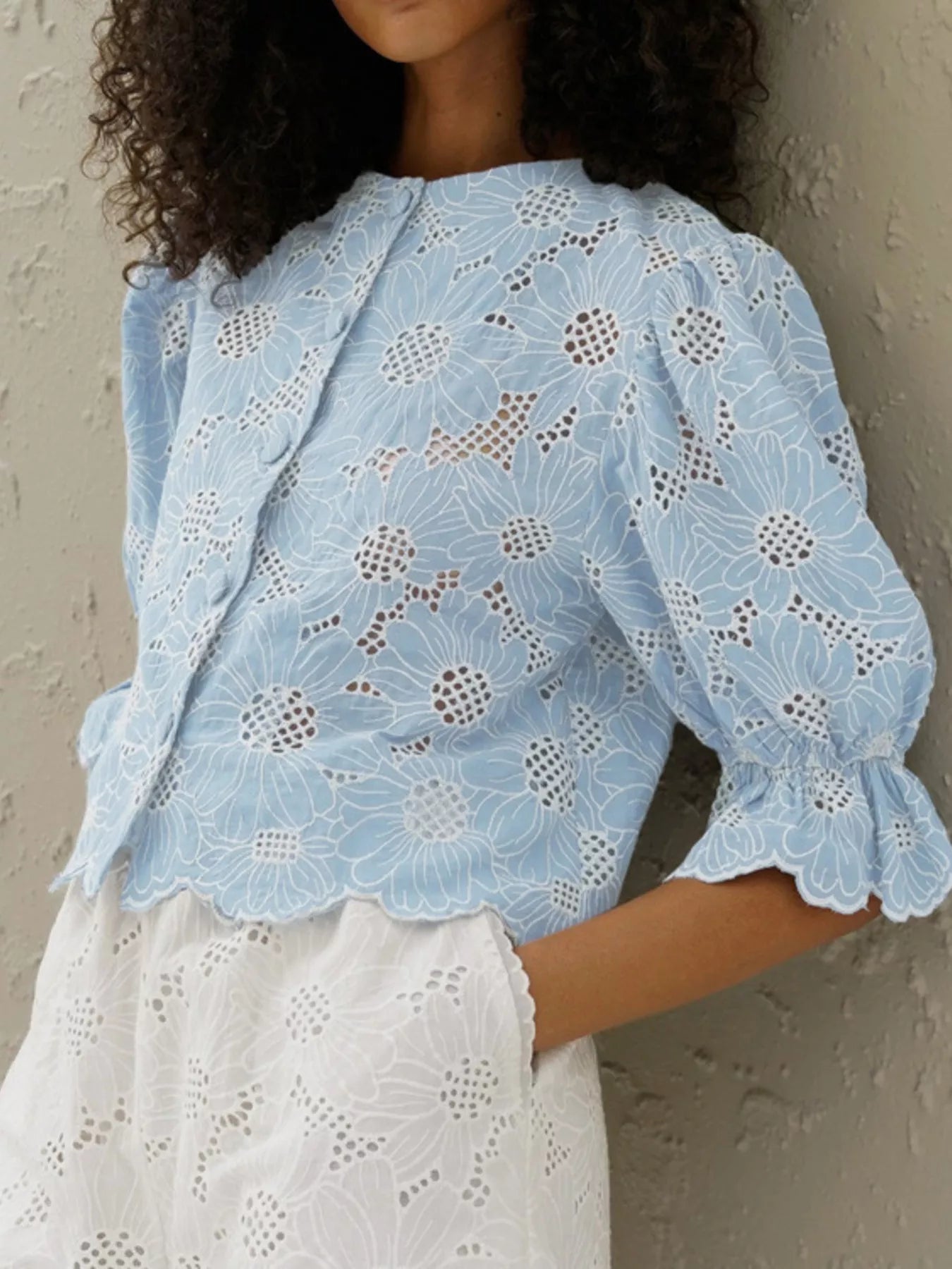 Embroidered Flounce Sleeve Blouse