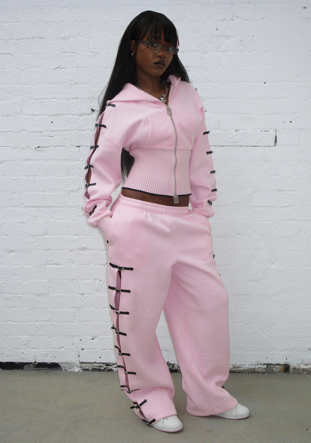 CRUSH BUCKLE FITTED WAIST ZIP HOODIE BABY PINK