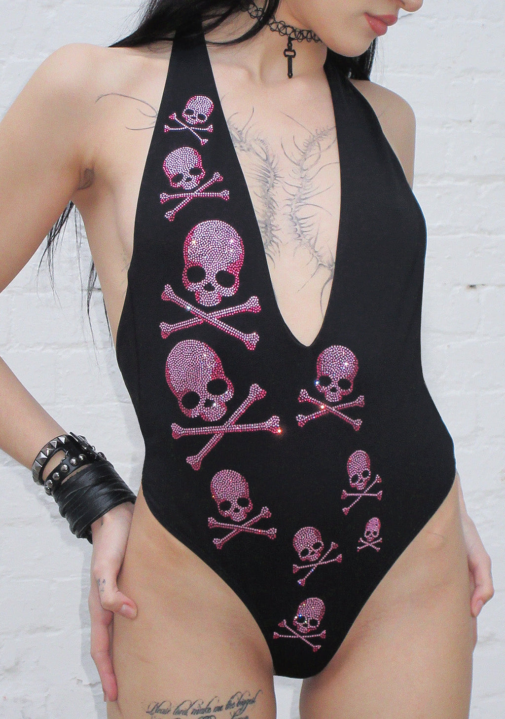 CRYPTIC RHINESTONE BACKLESS HALTER SWIMSUIT BLACK