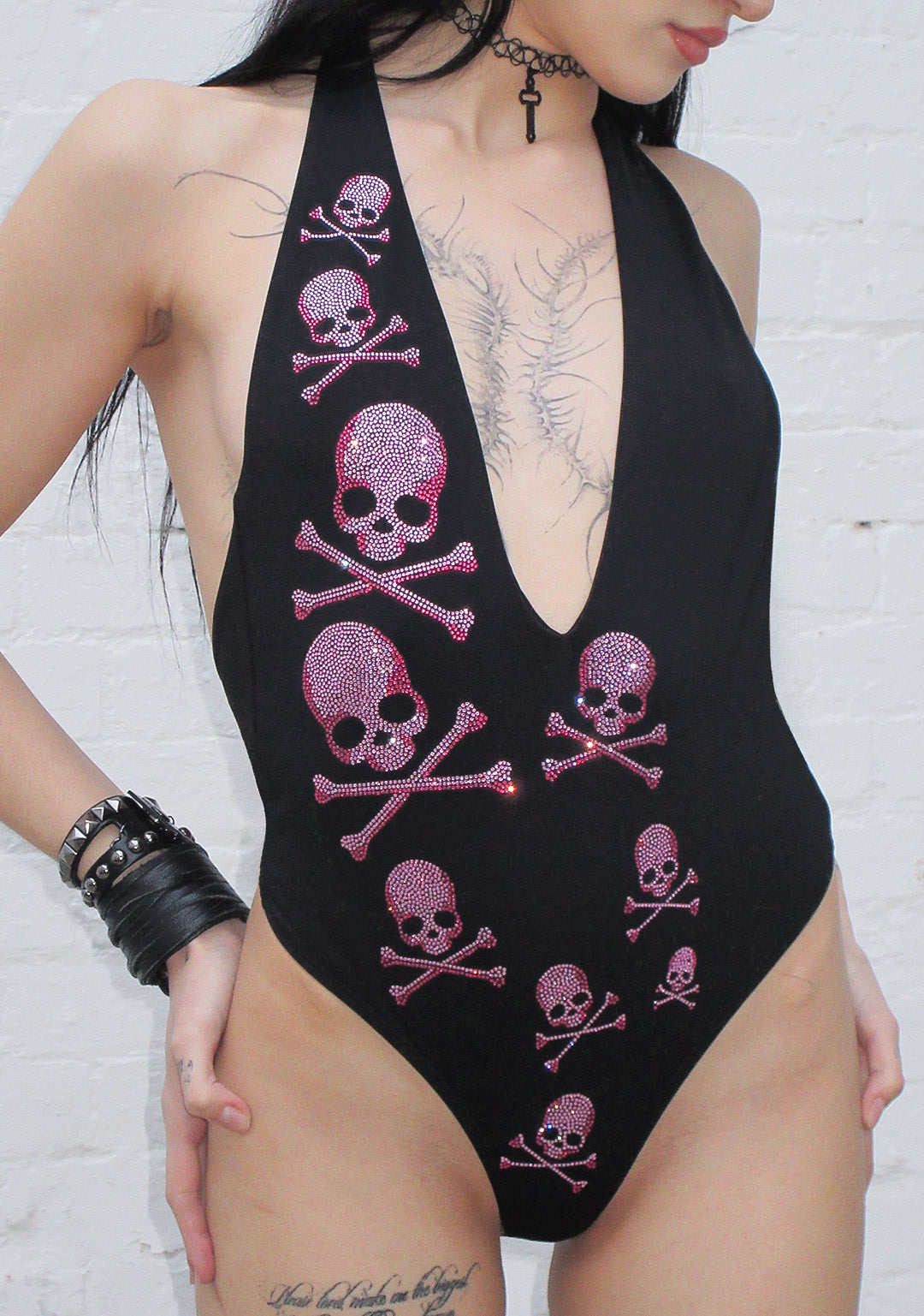 CRYPTIC RHINESTONE BACKLESS HALTER SWIMSUIT BLACK