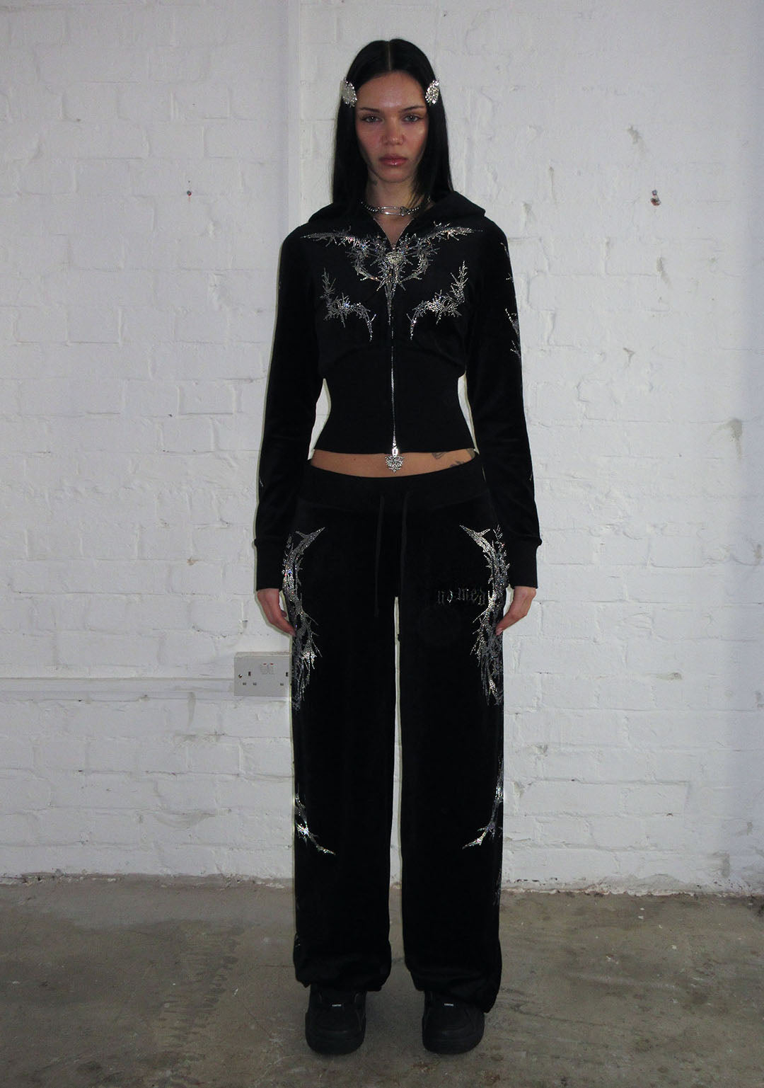 CURSE RHINESTONE VELOUR ZIP HOODIE BLACK