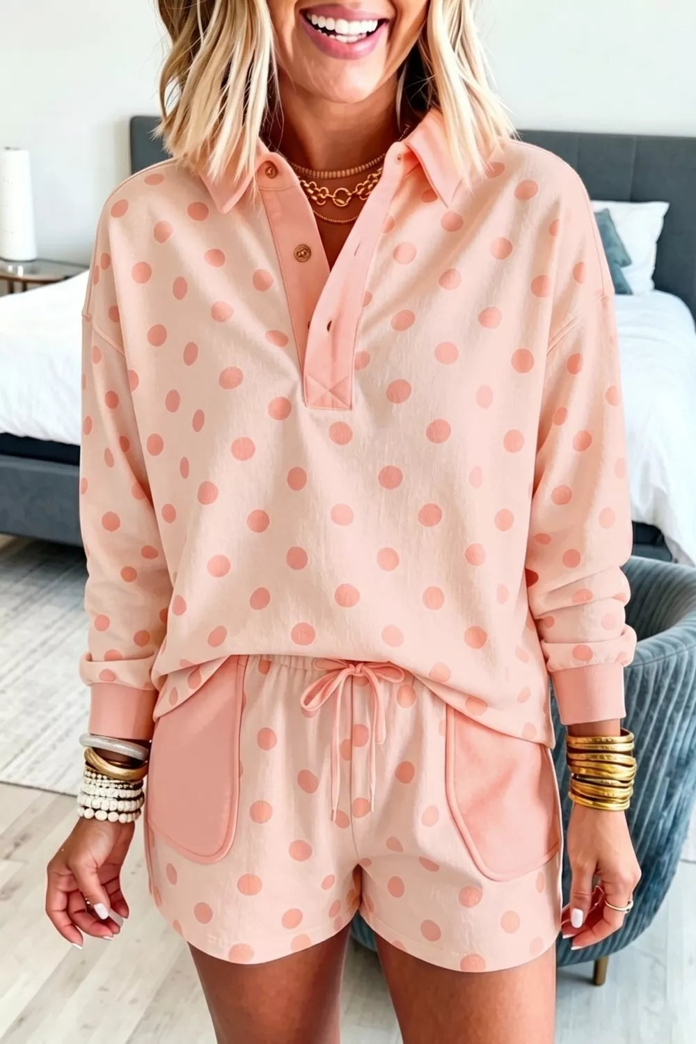 Polka Dot Drop Shoulder Polo Loose Pullover Patch Pocket Casual Shorts Set