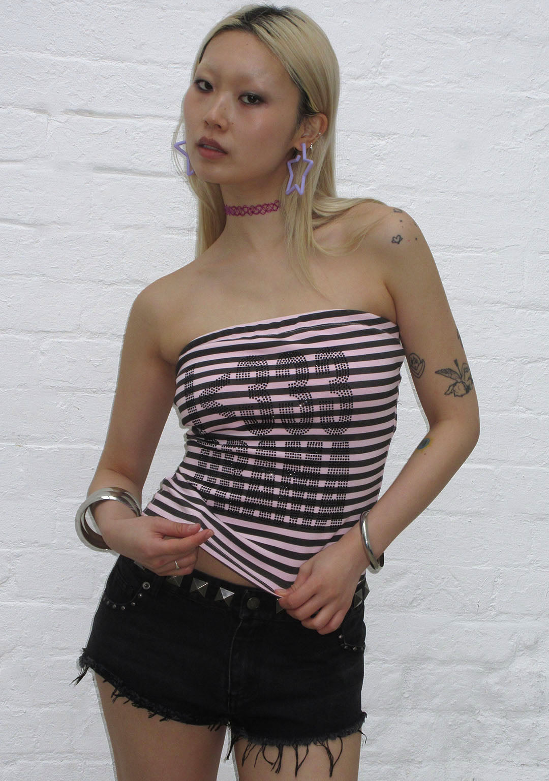 DRAMA RHINESTONE TUBE TOP PINK STRIPE