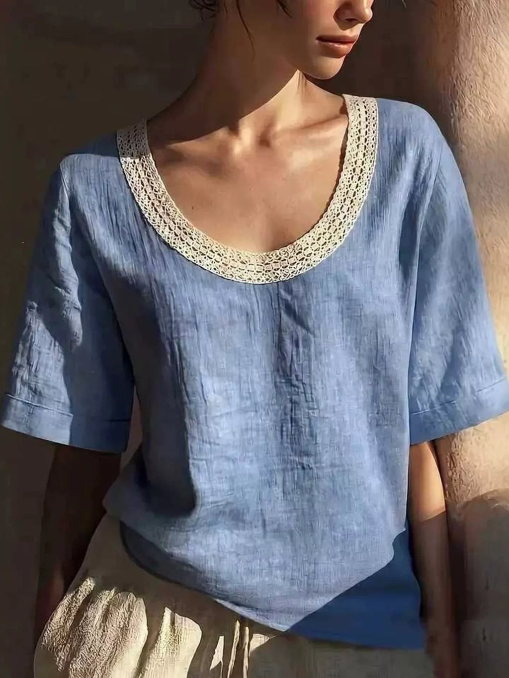 Full Size Lace Trim Short Sleeve Blouse Plus Size