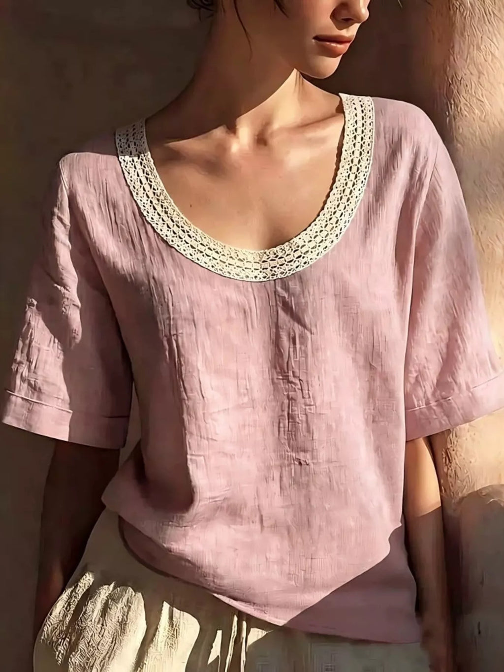 Full Size Lace Trim Short Sleeve Blouse Plus Size