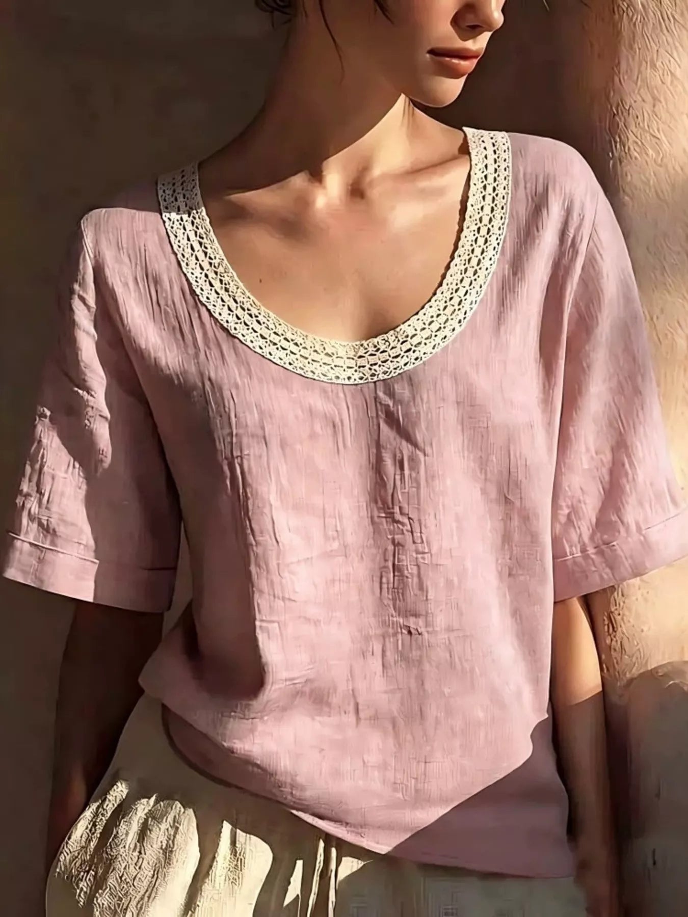Full Size Lace Trim Short Sleeve Blouse Plus Size