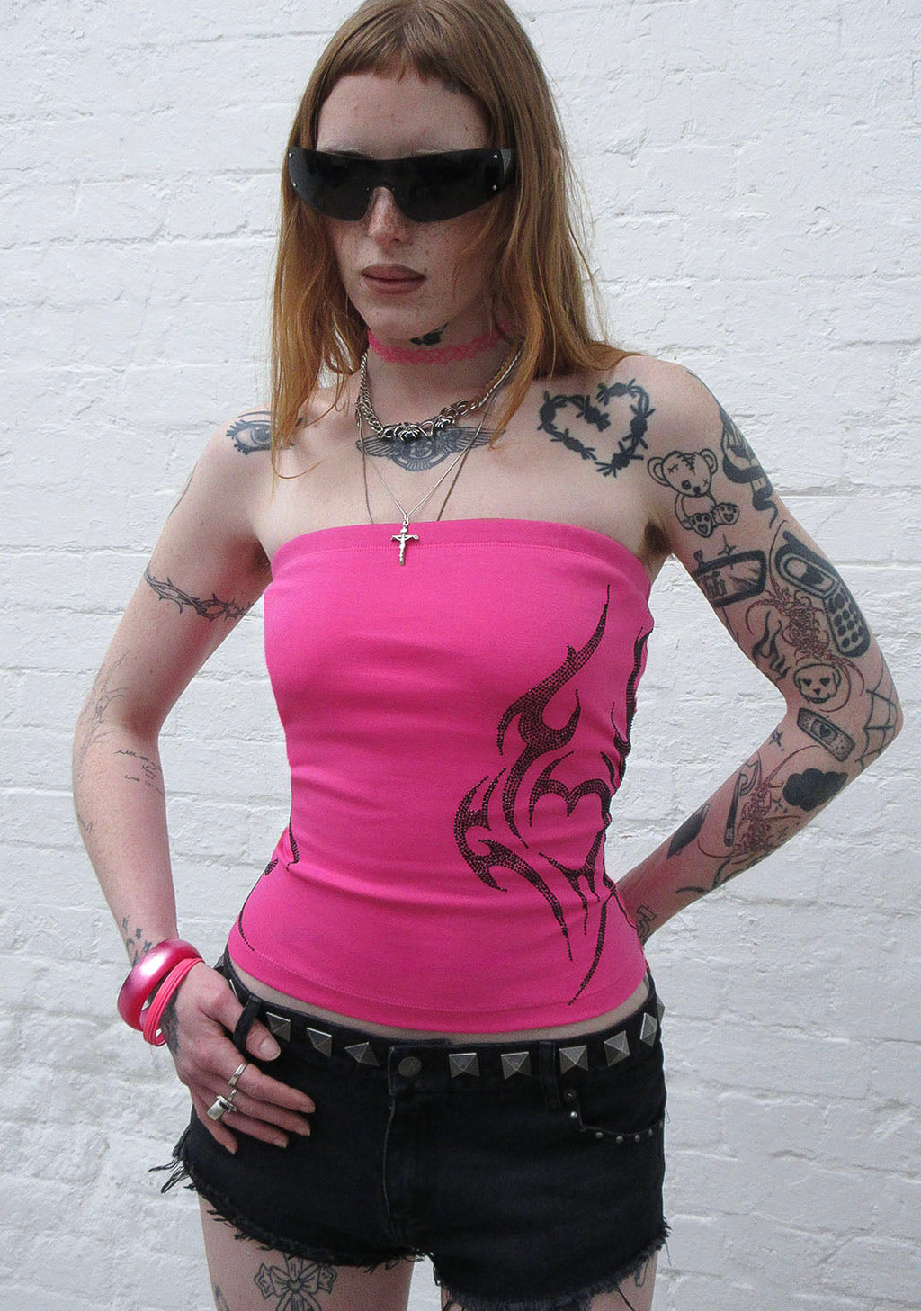EDGE RHINESTONE TUBE TOP HOT PINK