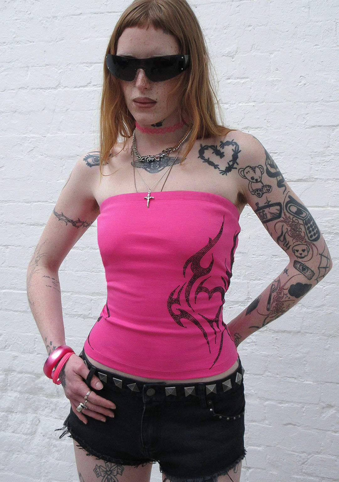 EDGE RHINESTONE TUBE TOP HOT PINK