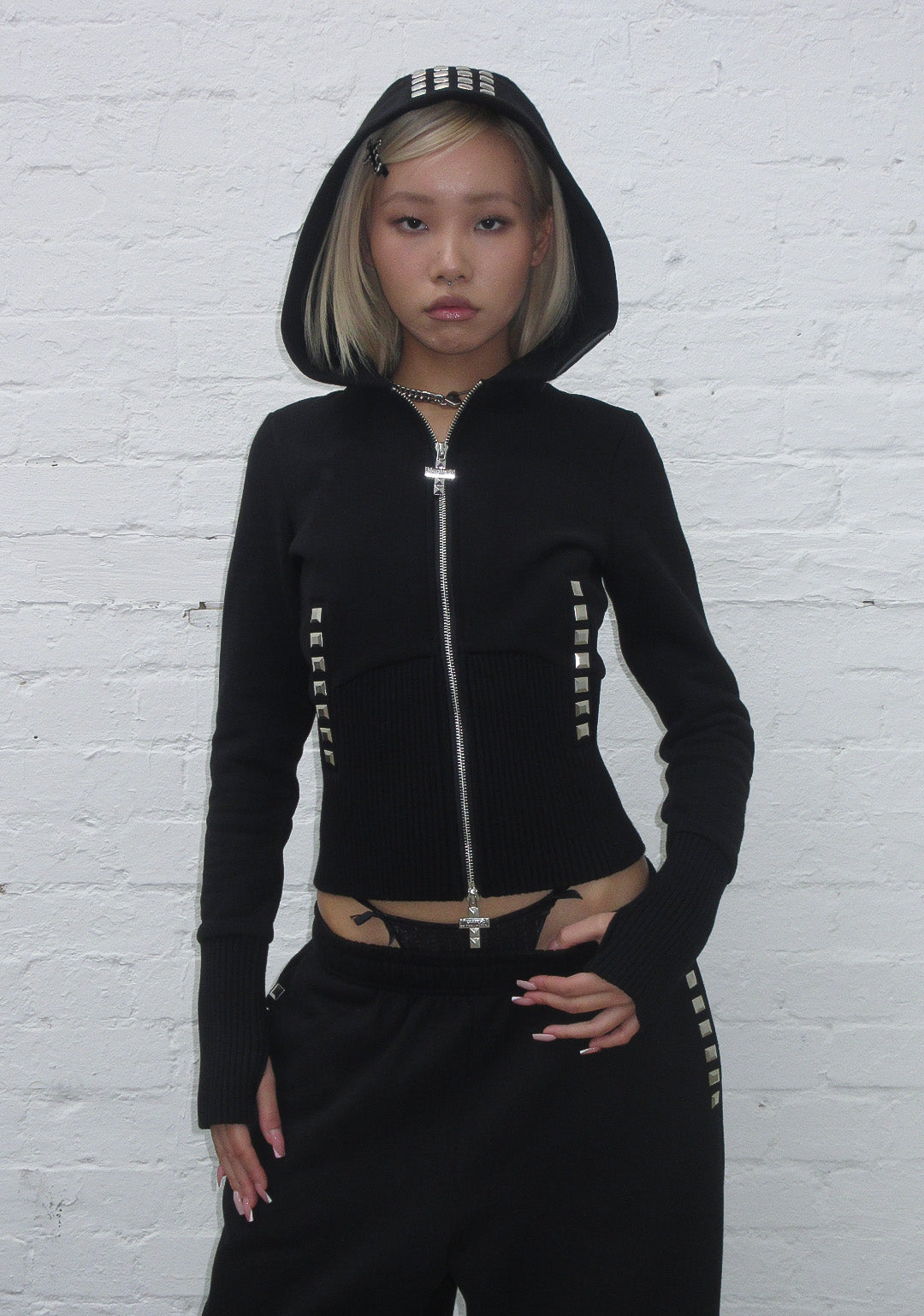 FAITHFUL FAUX FUR VEST AND FITTED ZIP HOODIE TWO PIECE SET BLACK