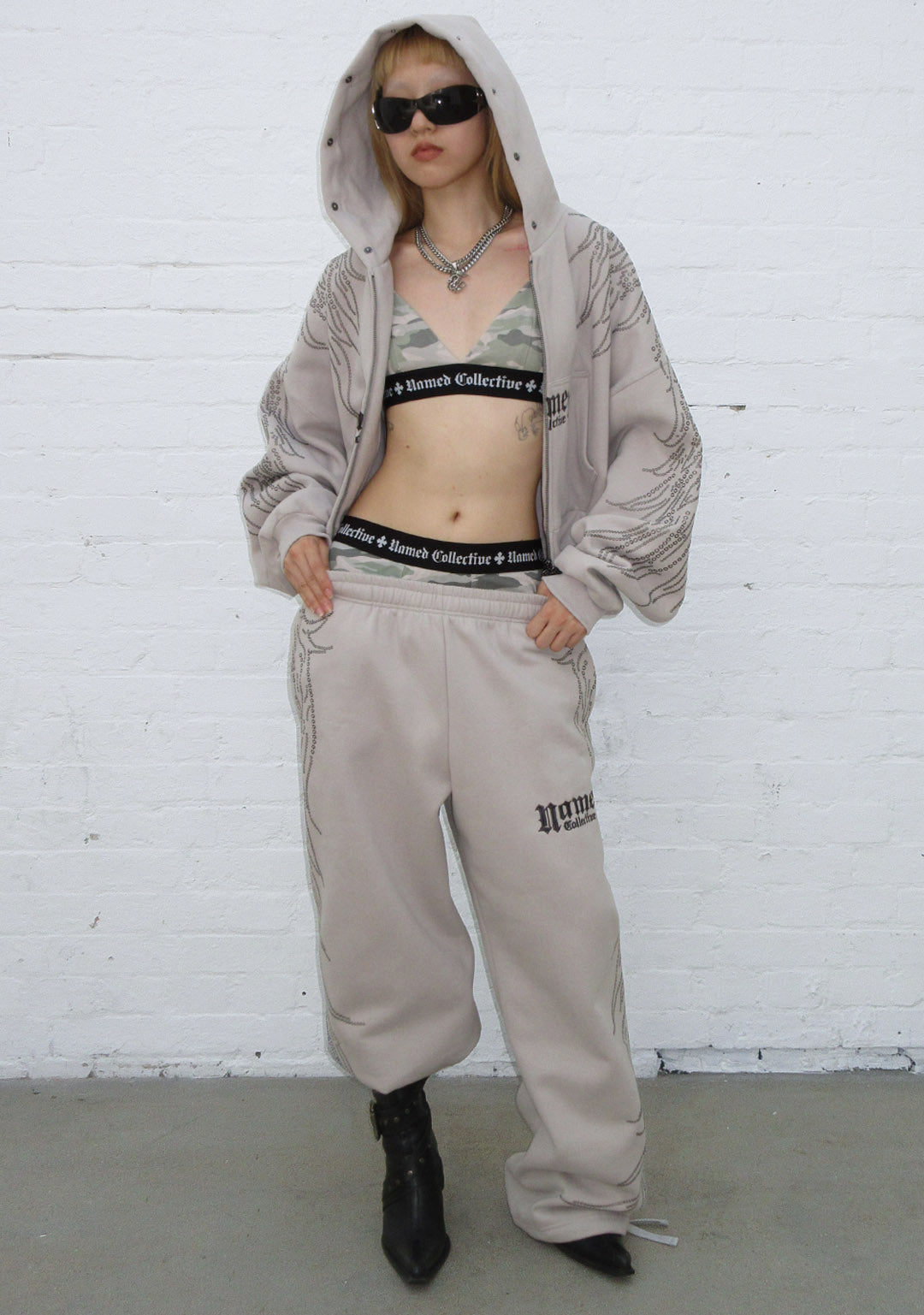 FALLEN FAUX FUR STUDDED CROP ZIP HOODIE BONE (DETACHABLE FUR)