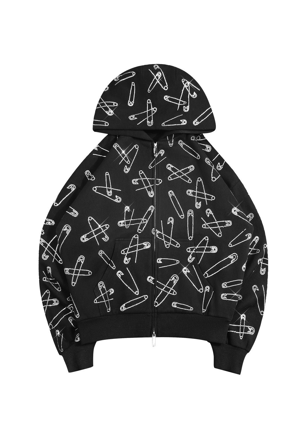 HEIST RHINESTONE SAFETY PIN ZIP HOODIE BLACK