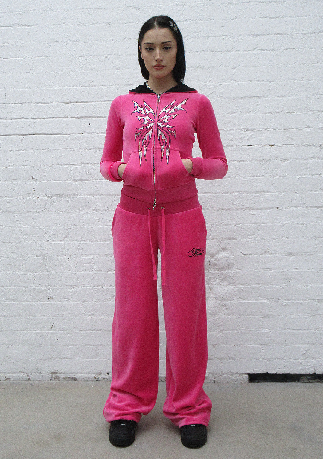 IDOL RHINESTONE VELOUR FITTED ZIP HOODIE HOT PINK