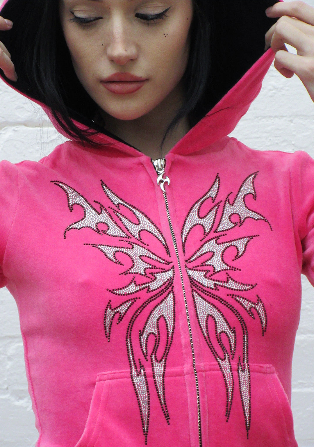 IDOL RHINESTONE VELOUR FITTED ZIP HOODIE HOT PINK
