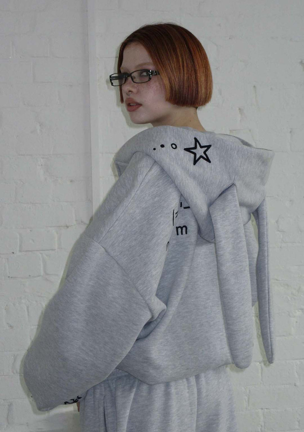 MALFUNCTION BUNNY ZIP HOODIE GREY MARL (DETACHABLE EARS)