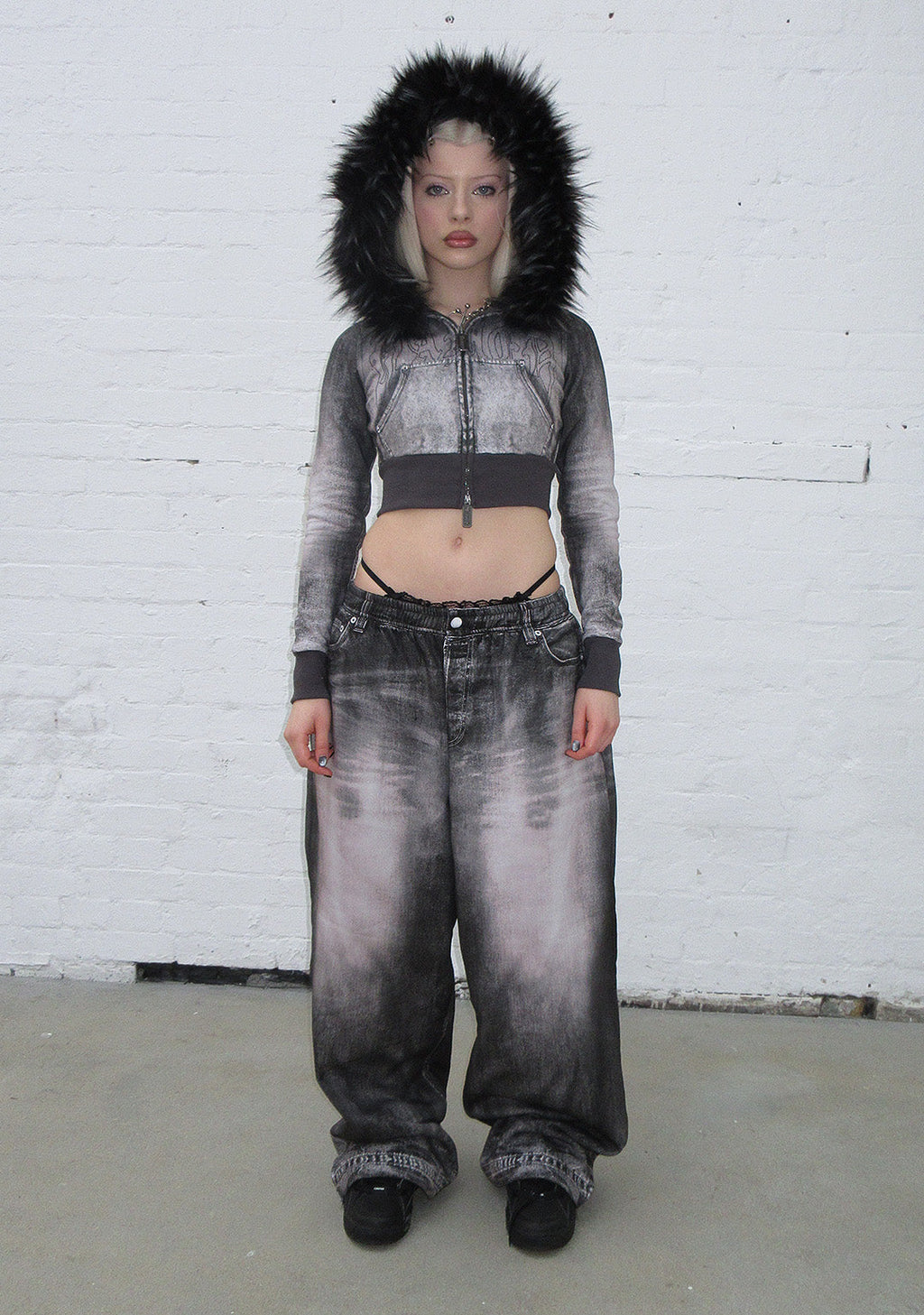 OFF GRID FAUX FUR DENIM EFFECT FITTED ZIP HOODIE WASHED BLACK (DETACHABLE FUR)