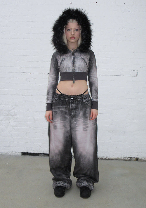 OFF GRID FAUX FUR DENIM EFFECT FITTED ZIP HOODIE WASHED BLACK (DETACHABLE FUR)