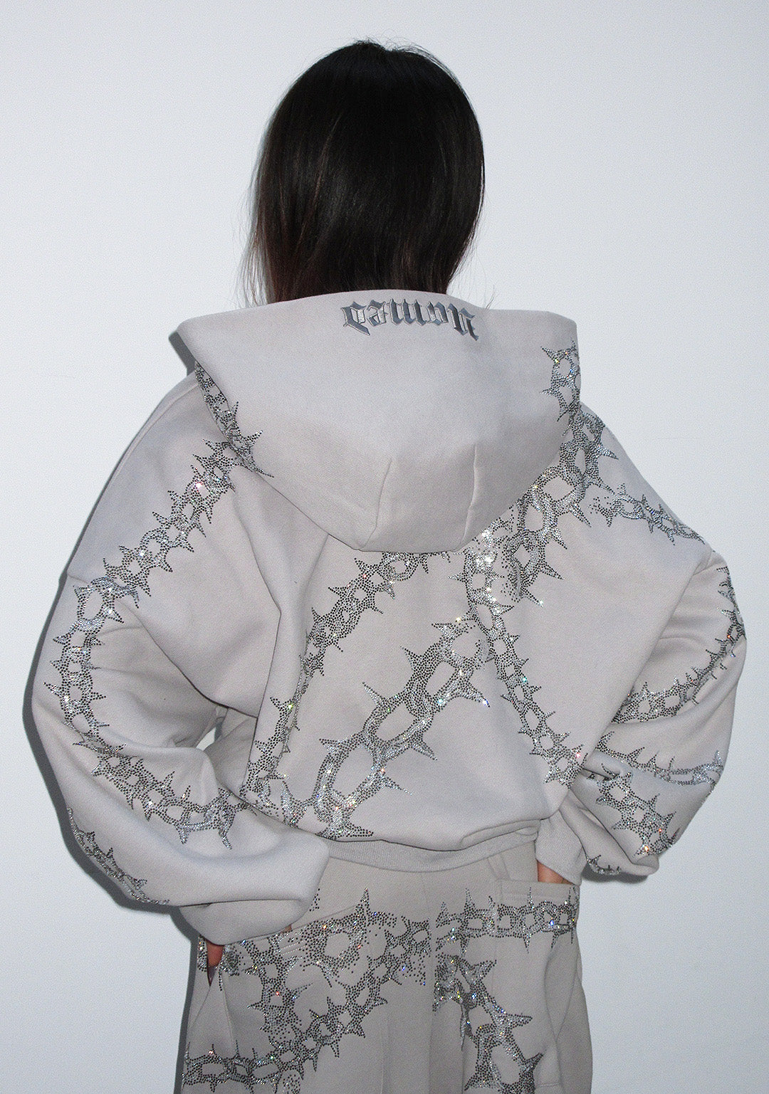 OMEN RHINESTONE ZIP HOODIE SMOKE GREY